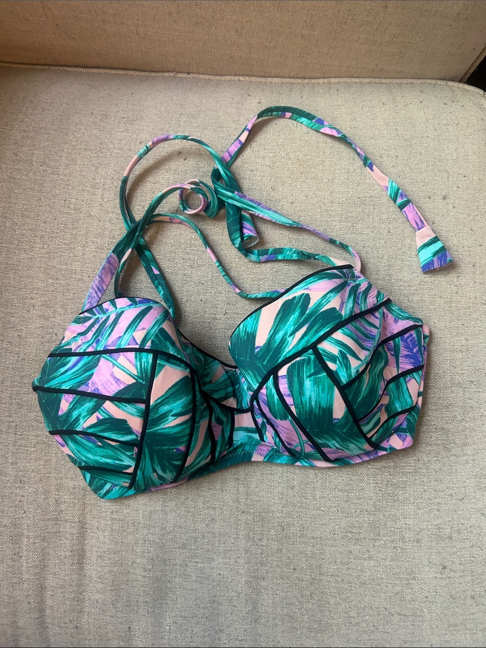 Shade & Shore Tropical Green Pink Palm-Print Bikini Tie Top